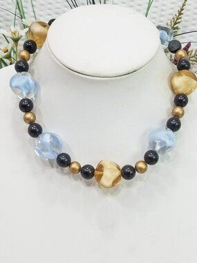 Circa 1990s Signed Carol Dauplaise Pale Blue Honey & Black Bead Choker Necklace